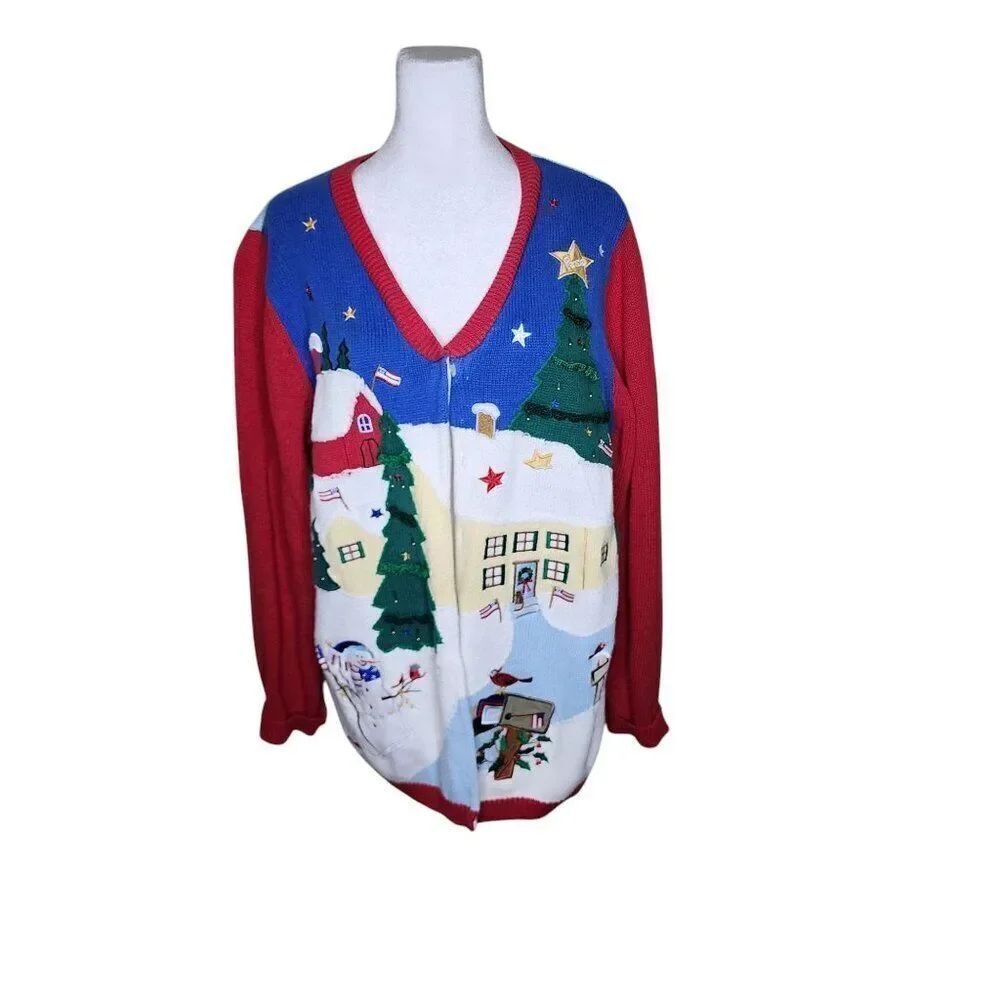 Vintage 90s Quaker Factory Christmas Cardigan Sweater Angel Womens L Blue